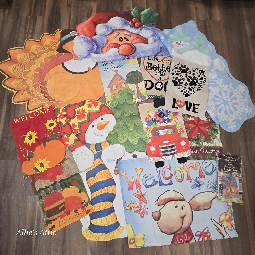 13 Flags Garden Small Large‎ Christmas Santa Snowman Fall Pumpkin Dog Mix Lot